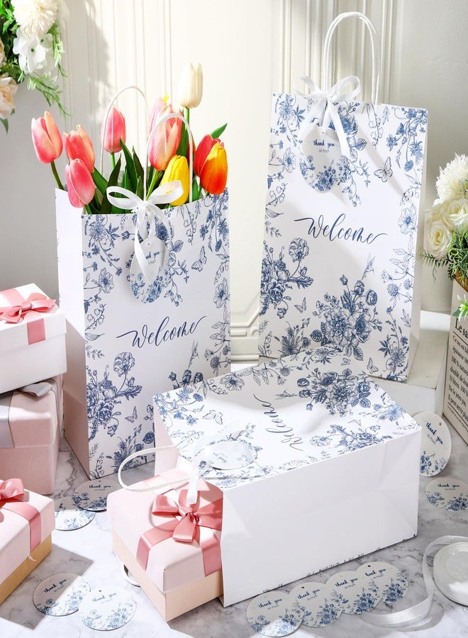 Queekay 36 Pcs Large Welcome Paper Gift Bags with Handle 10.6 x 8.3 x 4 Inches with 36 Tags Wedding Church Party Favor Bridal Gift Bags for Guest Birthday Baby Shower(Blue Floral,Blue and White) - Image 4